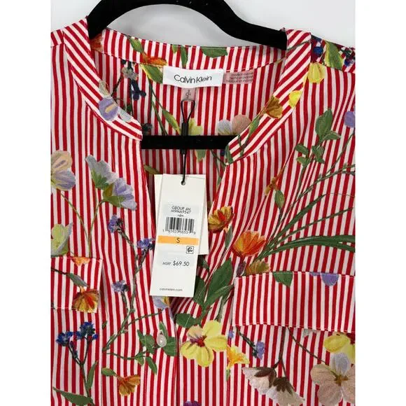 Calvin Klein Women's Red Striped Blouse (B32) - Picture 8 of 12